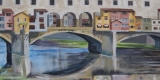 Painted seascape showing colourful houses along a bridge and their reflection on the water