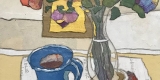 Painting of a bouquet of flowers, in a vase next to a cup of coffee in a blue mug