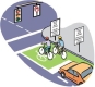 Illustration of two cyclists stopped in a bike box.