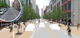 A conceptual drawing showing cars, cyclists and pedestrians on Queen Street